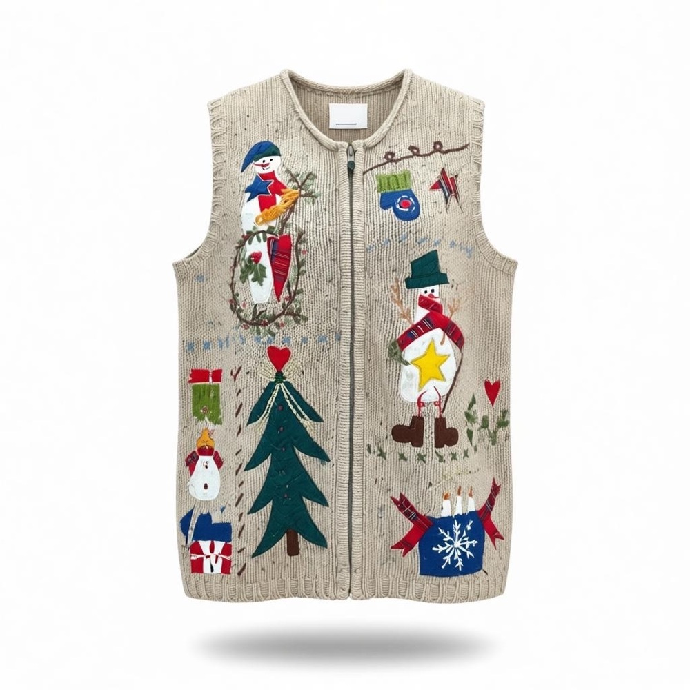 Festive Holiday Christmas Knit Vest with Snowman and Tree Design Size Medium